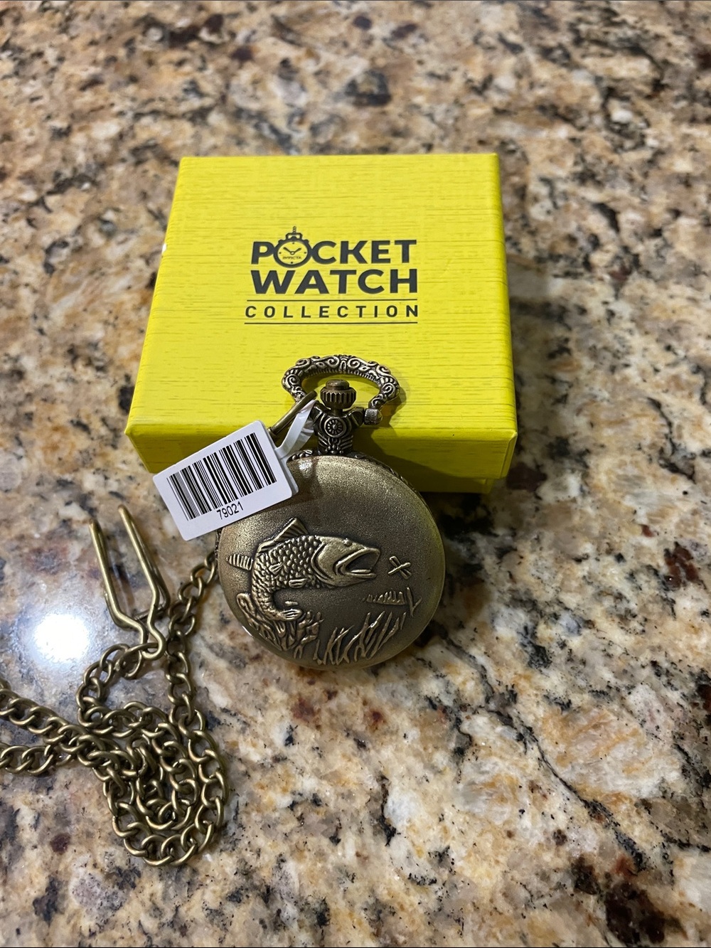 Invicta Brass-Tone Fish Embossed Pocket Watch with Chain